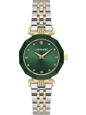 DEMARİ Demari Kadın Kol Saati Quartz Mekanizma, Gold & Gümüş Çelik Kordon, Taş Detaylı Yeşil Kadran, Çokgen Kasa DM-00103L-D10