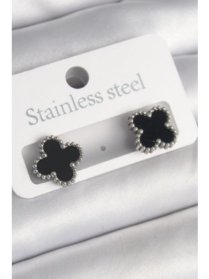 Prativas 316L Çelik Gümüş Renk Siyah Yonca Model Kadın Küpe – PRT3500EB04015