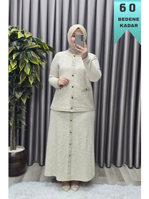 Elmas Tesettür Kadın Giyim Büyük Beden Kolları Ribanalı Ceket Etek Tuvit Ikili Takım