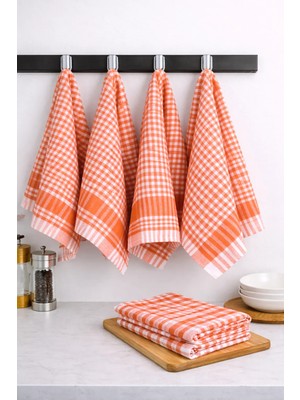 Turuncu Renkli Pamuklu Pöti Kareli 4'lü Peçete, Kurulama Bezi, Beslenme Örtüsü