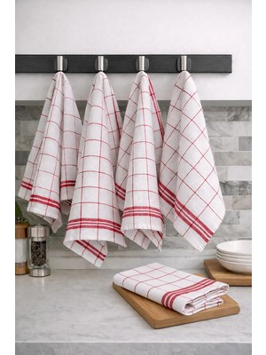 Lila Moon Beyaz Renkli (Kırmızı Çizgili) Pamuklu Pöti Kareli 4'lü Peçete, Kurulama Bezi, Beslenme Örtüsü