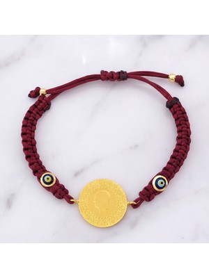 Ferizz Altın Kaplama Yarım Altınlı Bordo Ipli Bileklik BLK-1239