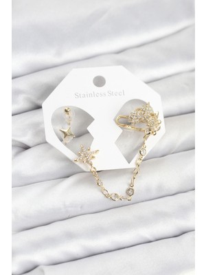 Prativas Kutup Yıldızı Model Pirinç Gold Renk Zincir Bağlantılı Ear Cuff Küpe Seti – PRT3500EB09917