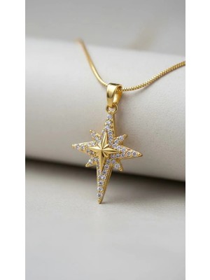 ArmoniaVital 925 Ayar Gümüş Altın Kaplama Zirkon Taşlı Kutup Yıldızı Kolye - Kuzey Yıldızı Şans Kolyesi
