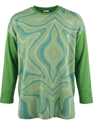Tığ Triko Kadın Önü Baskılı Rayon Triko Tunik - Mint Yeşili