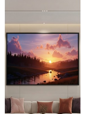 Safir Design Kızıl Gökyüzü ve Çam Ormanı Manzaralı Şık Çerçeveli Tablo