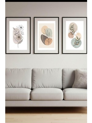 Safir Design Modern Botanik Desenli 3'lü Çerçeveli Duvar Tablo Seti