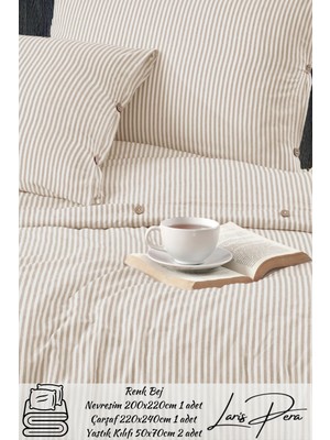 Larispera Battal Boy Düğmeli Pamuklu Ranforce Çizgili Nevresim Takımı King Size Duvet Coverse