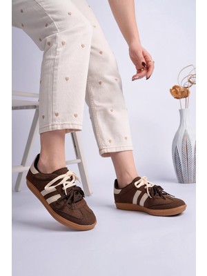 Muggo Taupe Çift Bağcıklı Günlük Kadın Sneaker Spor Ayakkabı