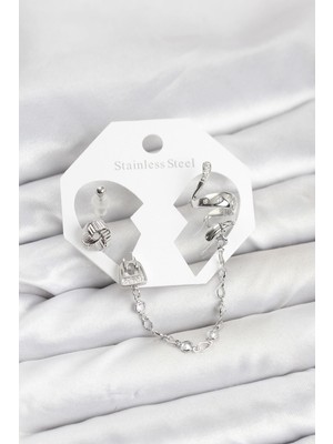 Prativas Pirinç Gümüş Renk Yılan Model Zincir Bağlantılı Ear Cuff Küpe Seti – PRT3500EB09901