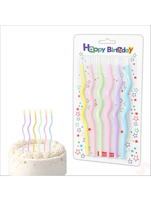 Süsle Bebek ve Parti Makaron Renkli Spiral Ince Pasta Mumu 14 cm  - 6 Adet