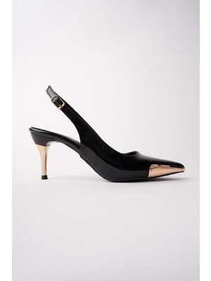 Muggo Zenith Metal Burun Detaylı Sivri Burun Arkası Açık Kadın Topuklu Ayakkabı