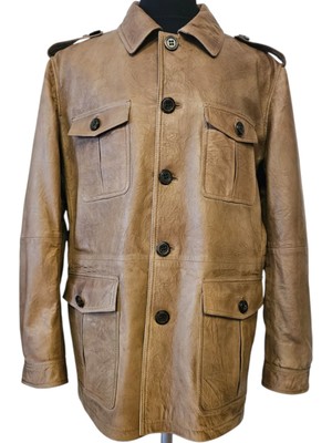 Asus Deri - Maine - Hakiki Deri Erkek Bej Rengi Düğmeli Ceket