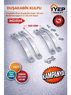 Parlak Krom -Siyah Duşakabin Cam Kapı Kulpu 160 mm – 2 Iç 2 Dış Çift Kapak Ay Kulp – 4 Adet Kare Kulp Seti