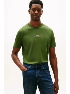 Tommy Hilfiger Erkek Brand Love Merkez Logolu Pamuklu T-Shirt - Haki