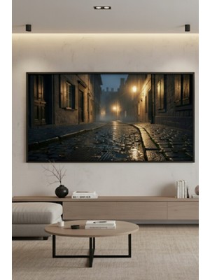 Safir Design Sokak Lambası Işığında Islak Sokak Manzaralı Şık Çerçeveli Tablo