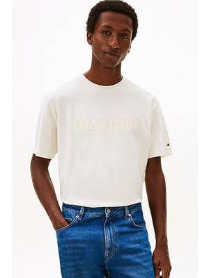 Tommy Hilfiger Erkek Kabartma Logolu Pamuklu T-Shirt - Beyaz