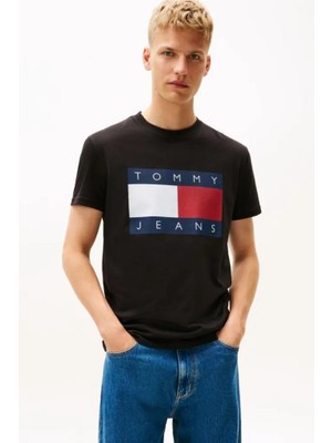Tommy Hilfiger Erkek Büyük Bayrak Baskılı Pamuklu T-Shirt - Siyah