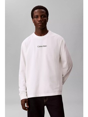 Calvin Klein Erkek Ls Rlxd Standard Logo Crewneck Tee T-Shirt - Beyaz