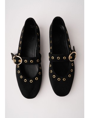 Muggo Zena Gold Tokalı Zımbalı Deri Kadın Babet Ayakkabı