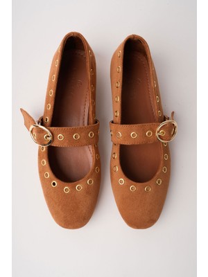 Muggo Zena Gold Tokalı Zımbalı Deri Kadın Babet Ayakkabı