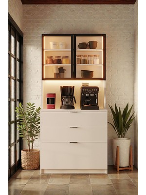 AVM Park Orea Kahve Köşesi Temperli Camlı LED Işıklı Fırın Dolabı Çekmeceli Çok Amaçlı Dolap Beyaz