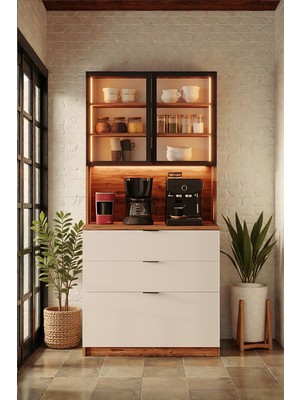 AVM Park Orea Temperli Camlı Çok Amaçlı Dolap 180 cm Kahve Köşesi Atlantik Çam Çekmeceli