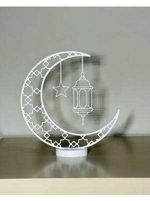 Pluto 3D Ay ve Fener Figürlü Dekoratif Ramazan Süsü - Beyaz