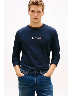 Tommy Hilfiger Erkek Merkez Logolu Uzun Kollu Jersey T-Shirt - Lacivert