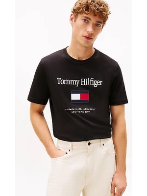 Tommy Hilfiger Erkek Nakış Logolu Pamuklu T-Shirt - Siyah