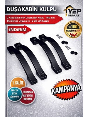 Parlak Krom -Siyah Duşakabin Cam Kapı Kulpu 160 mm – 2 Iç 2 Dış Çift Kapak Ay Kulp – 4 Adet Kare Kulp Seti