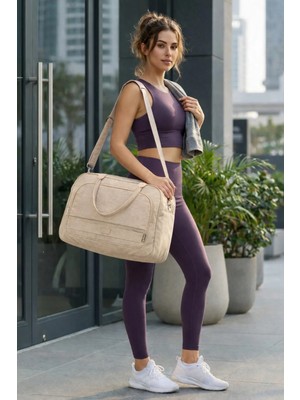 Kaff Bej Krinkıl Kumaş 00816 Unisex Önü Cepli Suya Dayanıklı Geniş Omuz Askılı El Spor Seyahat Çantası