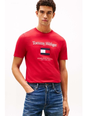 Tommy Hilfiger Erkek Nakış Logolu Pamuklu T-Shirt - Kırmızı