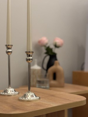 Rustik Model Gümüş Rengi 2'li Şamdan &mumluk Seti