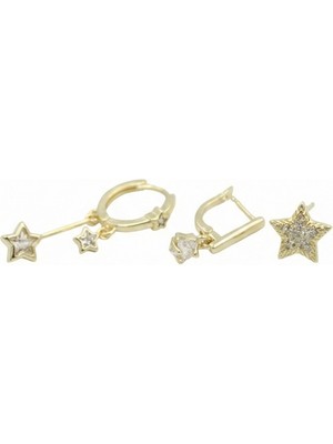 Royaleks 3'lü Taşlı Halka Küpe - Altın