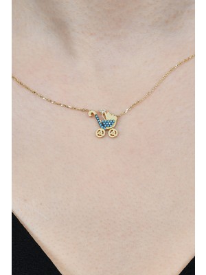 Taşlı Bebek Arabası Kolye 14 Ayar A023183