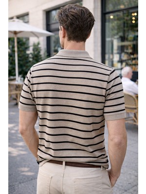 We&Me Erkek Çizgili Ince Triko Polo Yaka Yarım Fermuarlı Kısa Kollu Şık Günlük Kazak