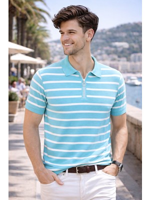 We&Me Erkek Çizgili Ince Triko Polo Yaka Yarım Fermuarlı Kısa Kollu Şık Günlük Kazak