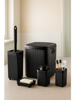 Nexa Serisi Siyah Banyo Seti, 5 Parça Akrilik Kare 5 Litre Çöp Kovası, Sabunluk, Fırçalık Takımı 34 Siyah
