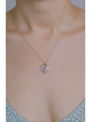 Taşlı Kalp Kilit Kolye 14 Ayar A044660