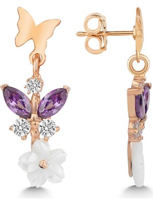 Tienda Elegante Gümüş Rose Mor Taşlı Sedef Çiçek Çivili Kadın Küpe