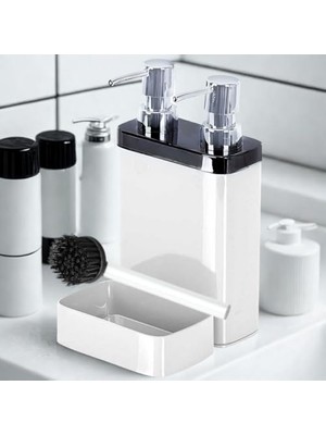 Nexa 2’li Sıvı Sabun ve Bulaşık Deterjanı Dispenser Seti – Krom Kapaklı, Fırça ve Sünger Hazneli Şık Mutfak/banyo Organizer