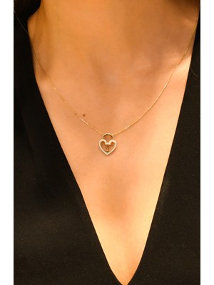 Taşlı Kalp Kilit Kolye 14 Ayar A047321