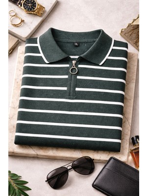 We&Me Erkek Çizgili Ince Triko Polo Yaka Yarım Fermuarlı Kısa Kollu Şık Günlük Kazak