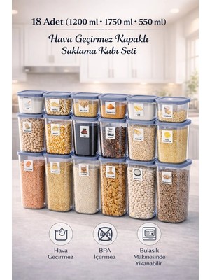 Eba Home 18’li Antrasit Erzak & Bakliyat Saklama Kabı Seti | 3 Farklı Boy | Etiket Hediyeli (1,75–1,2–0,55 L)