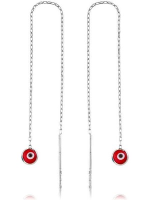 Tienda Elegante Gümüş Zincirli Kırmızı Nazar Küpe