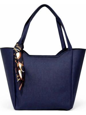 Livayss Çanta Kadın Fularlı Fermuarlı Lacivert Vizon Shopper El ve Omuz Çantası