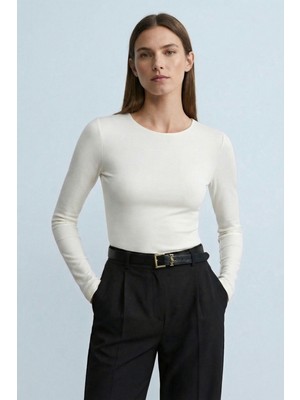 Qaju Kadın Uzun Kollu Bisiklet Yaka Basic Bluz -Ekru