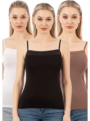 Özkan Underwear Özkan 2041 3'lü Paket Kadın Viskon Karışık Renk Yakası Saten Detaylı Esnek Yumuşak Ince Askılı Atlet