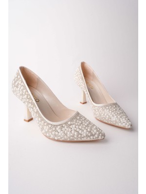 Muggo Stony Taş ve Inci Işlemeli Topuklu Nikah Düğün Gelin Topuklu Abiye Ayakkabı